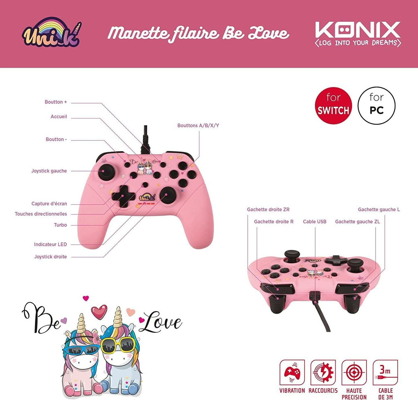 Konix Unik Switch Wired Controller (Be Love Pink) /Switch