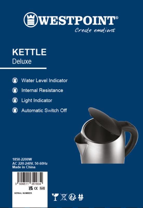 Westpoint 1.7L Deluxe Kettle 1850-2200W (Stainless Steel & Black) (UK Plug)
