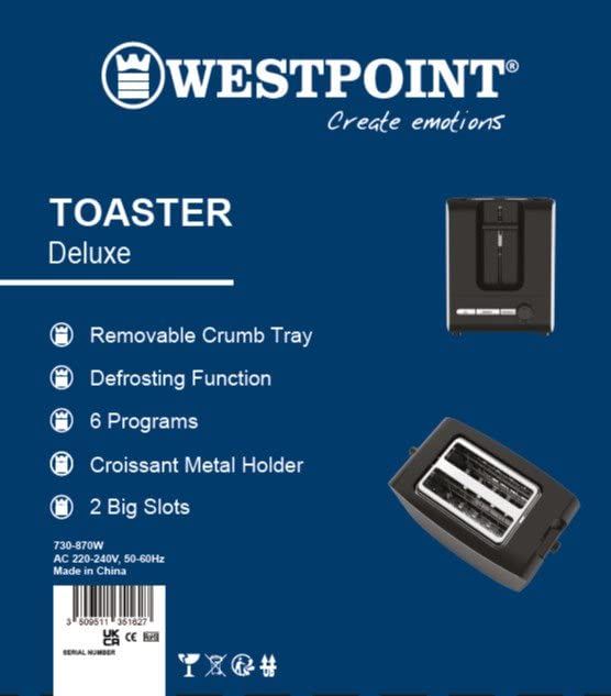 Westpoint Deluxe 2 Slice Toaster 730-870W (Stainless Steel & Black) (UK Plug)